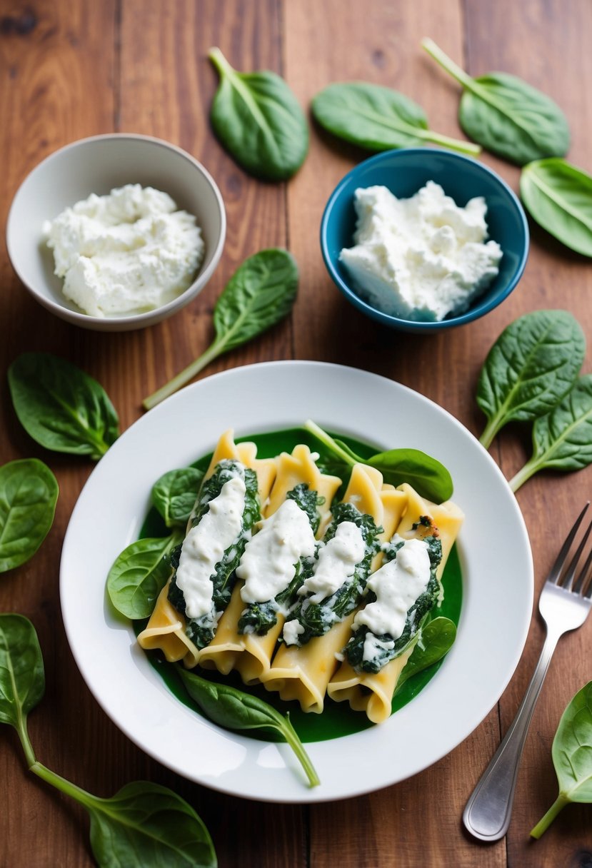 A wooden table with a white plate of spinach and ricotta cannelloni, surrounded by fresh spinach leaves and a bowl of ricotta cheese