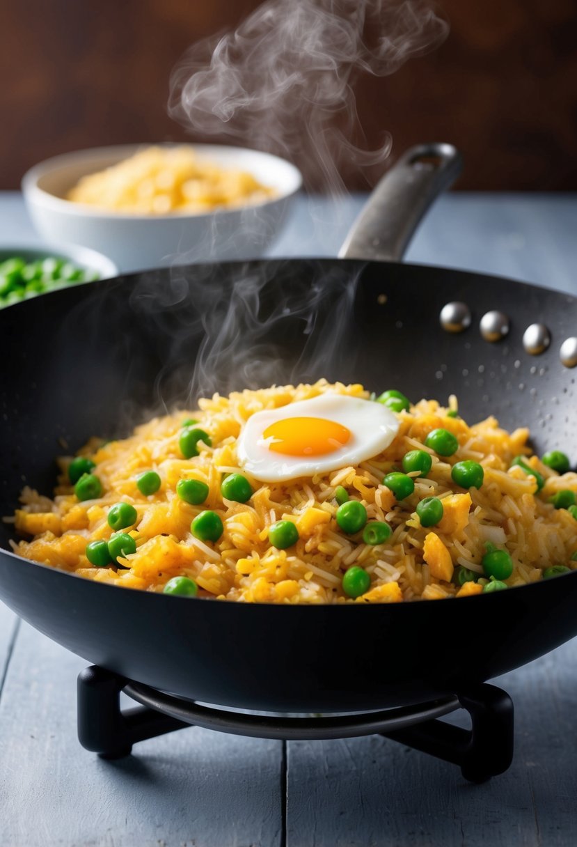 A sizzling wok with steaming egg fried rice and peas