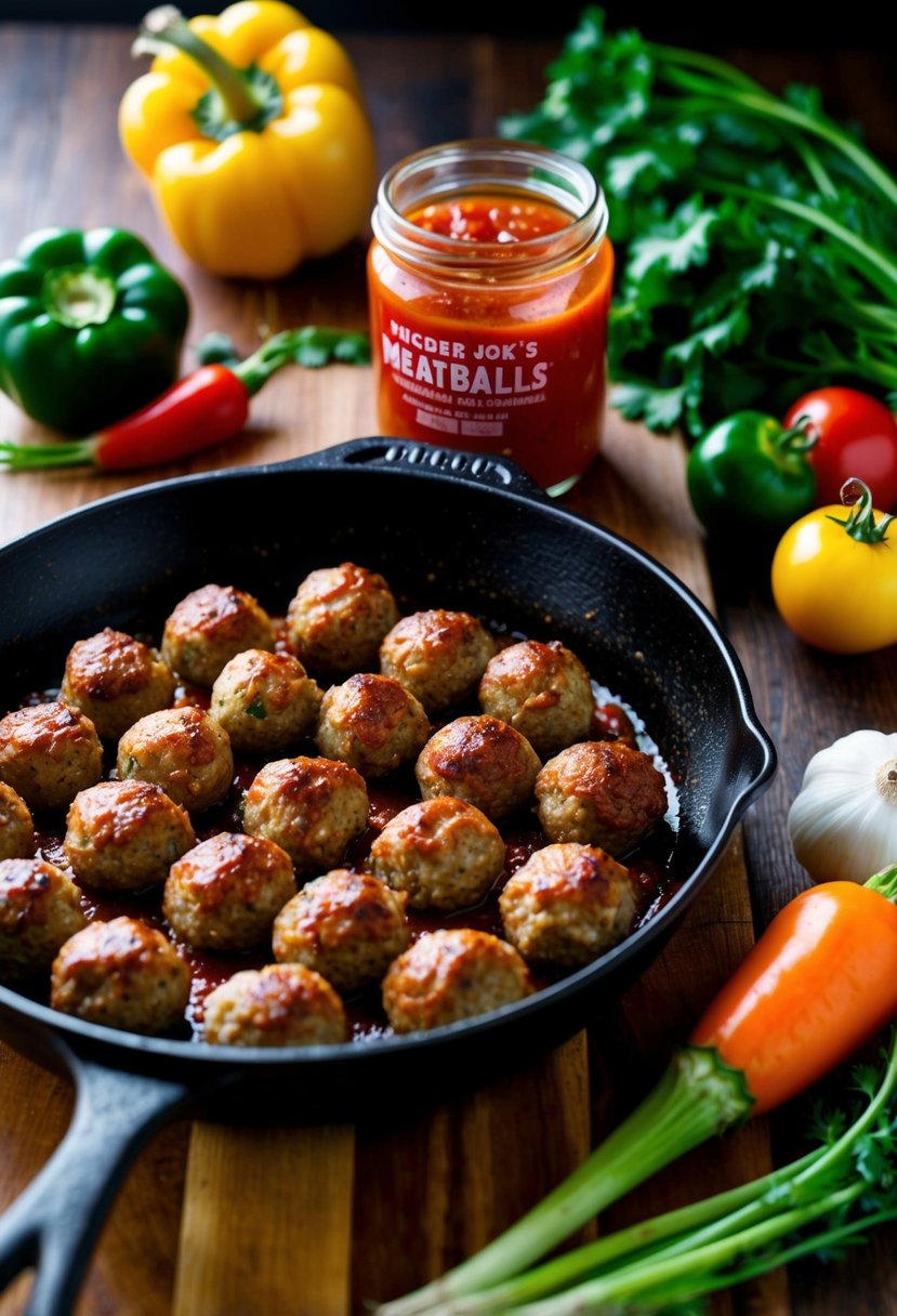 A skillet sizzling with Trader Joe's meatballs, surrounded by colorful vegetables and a jar of marinara sauce