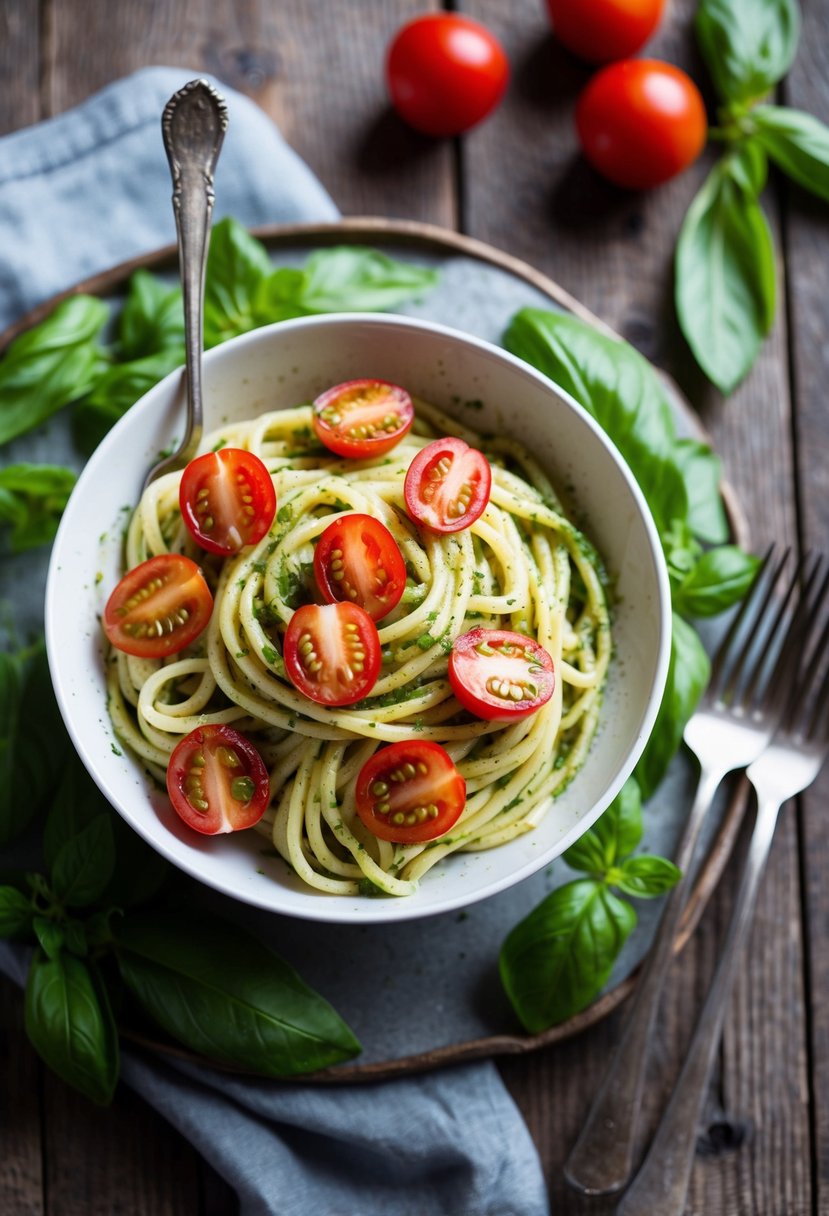 A bowl of pesto pasta topped with halved cherry tomatoes, surrounded by fresh basil leaves and a fork on a rustic wooden table