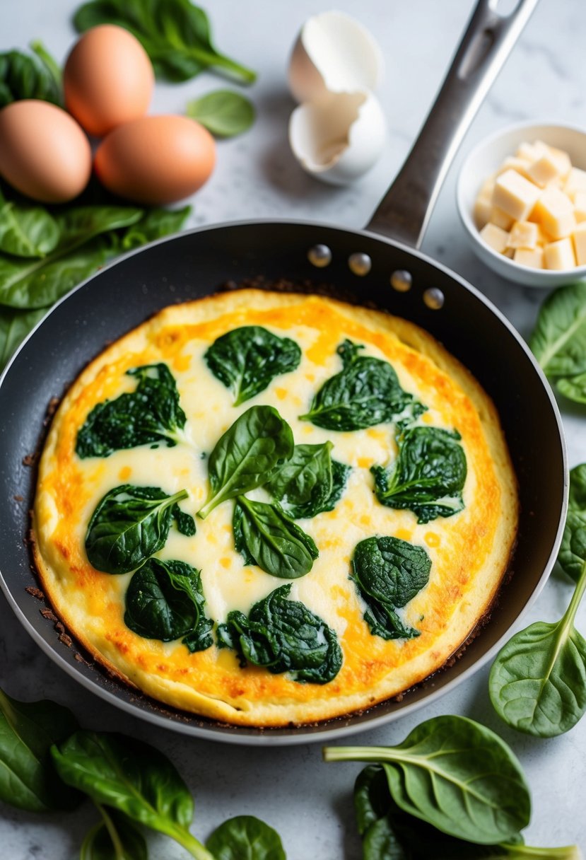 A sizzling pan with a golden-brown spinach and cheese omelette, surrounded by fresh ingredients like spinach leaves, eggs, and cheese