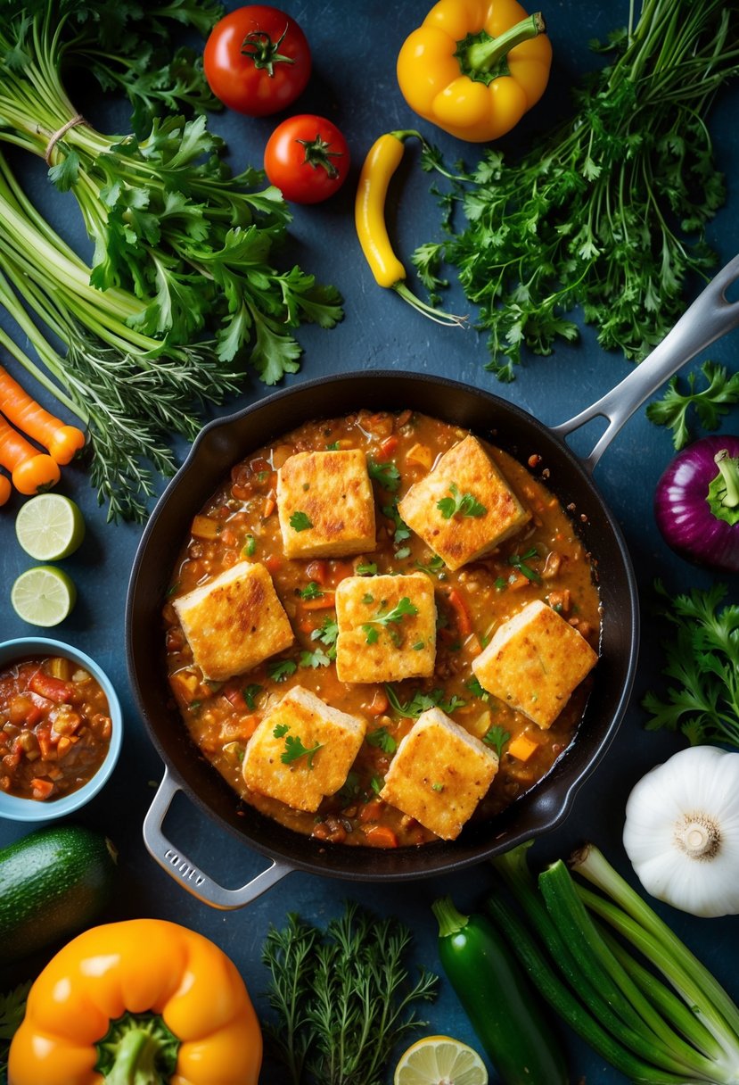 A colorful array of fresh vegetables and herbs surround a sizzling skillet of Quorn pieces cooking in a savory sauce