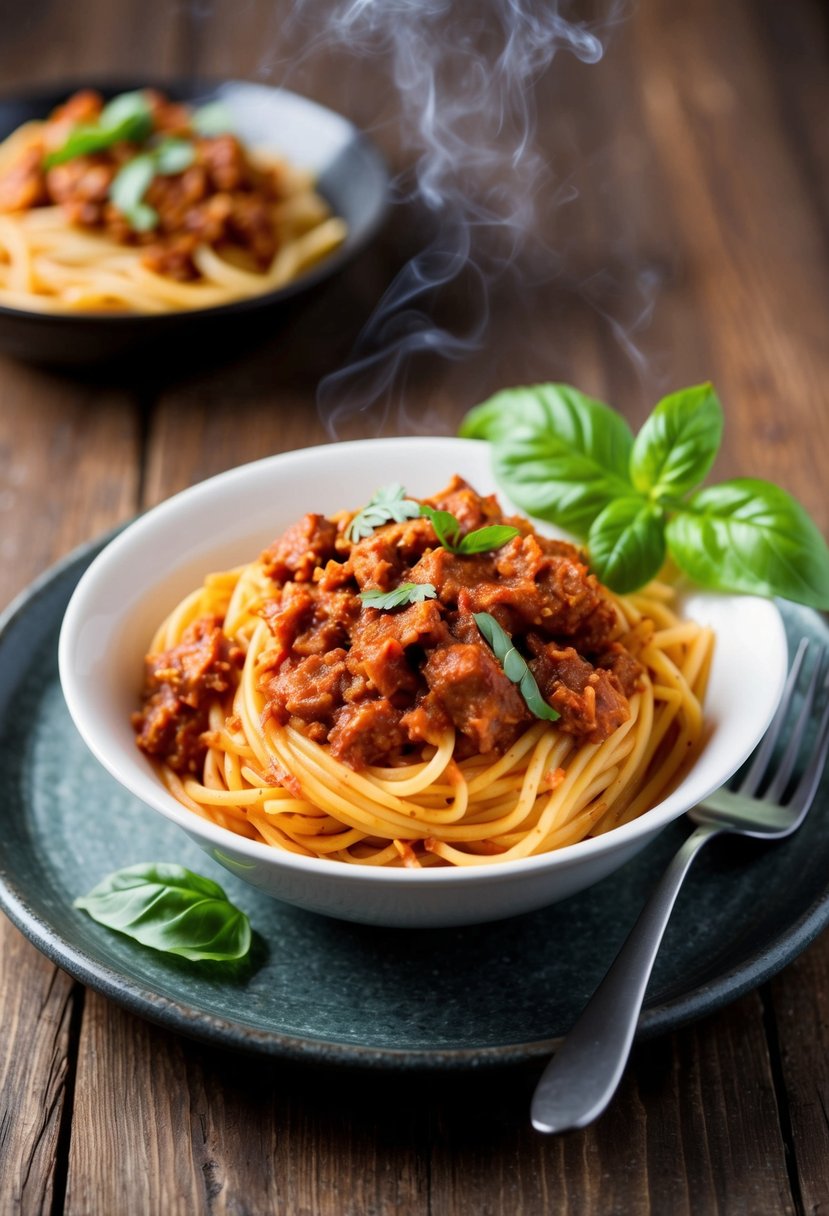 A steaming bowl of Quorn Spaghetti Bolognese with fresh basil on a rustic wooden table