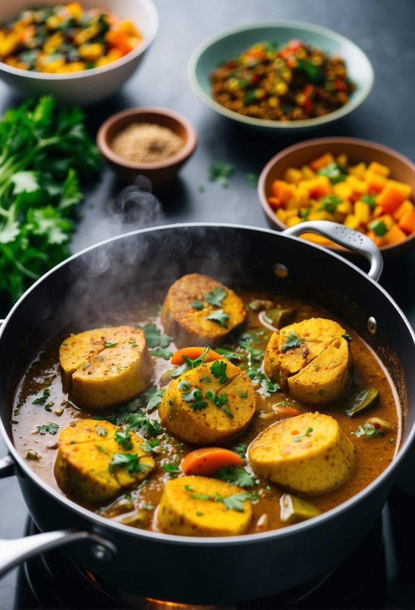 A steaming pot of Vegan Quorn Curry simmering on a stove, surrounded by colorful vegetables and aromatic spices