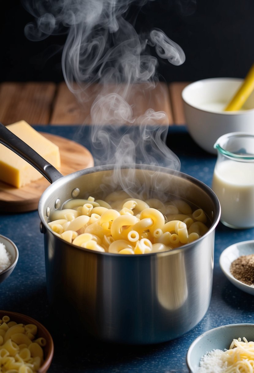 A pot of boiling water with macaroni inside, steam rising. Ingredients like cheese, milk, and spices nearby