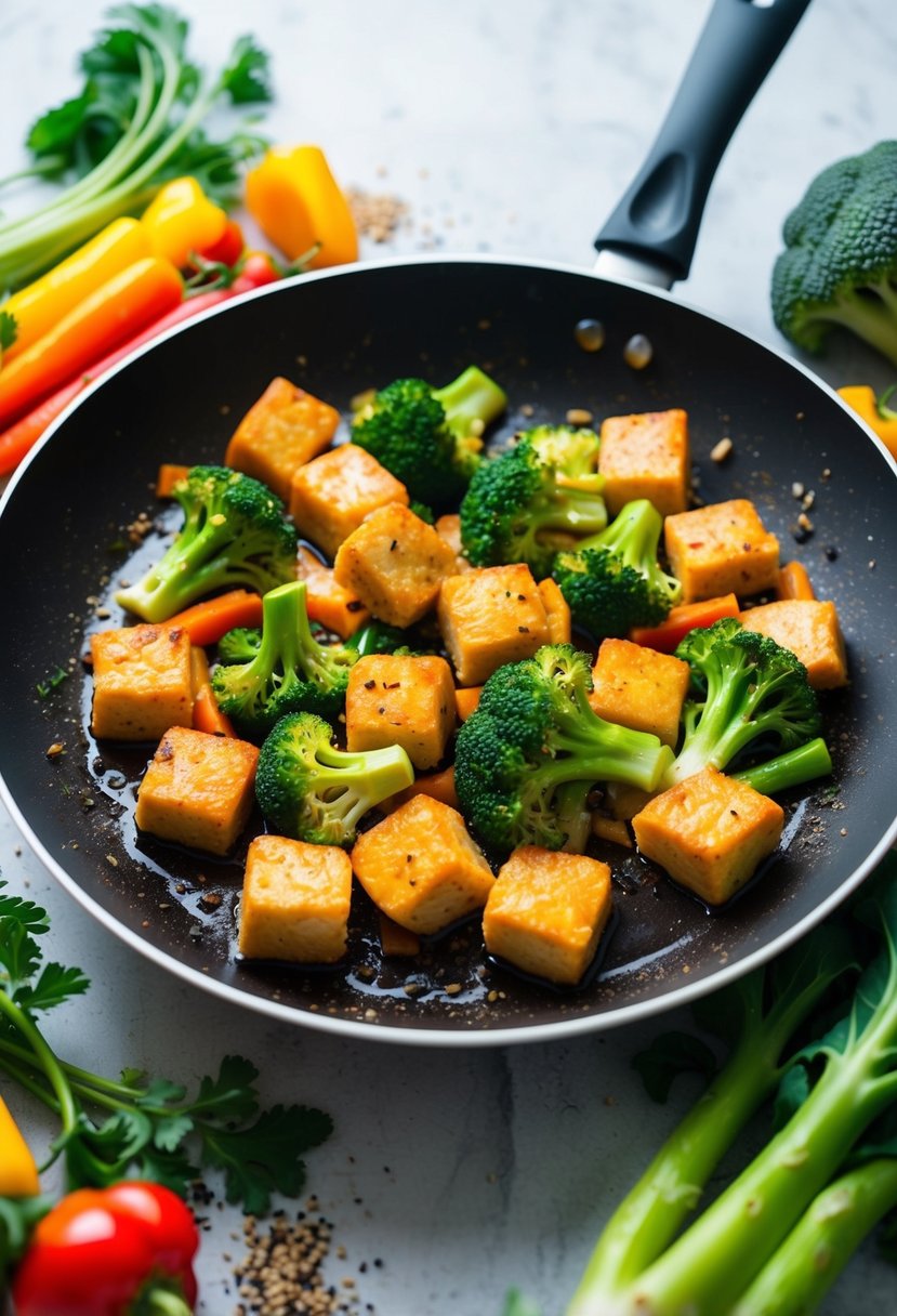 A sizzling stir-fry pan filled with Quorn pieces and vibrant broccoli, surrounded by colorful vegetables and seasonings