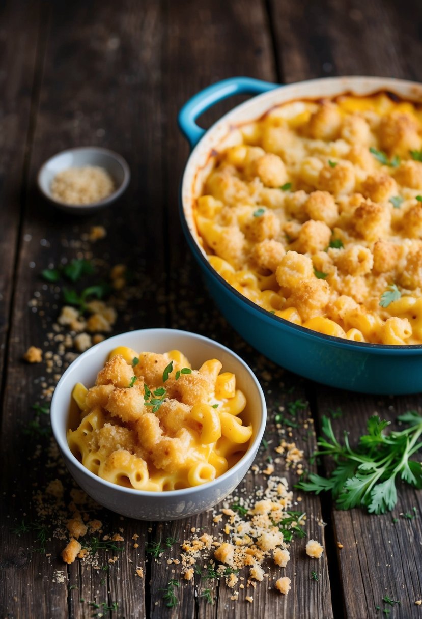 A bubbling dish of baked mac and cheese sits on a rustic wooden table, surrounded by scattered bread crumbs and a sprinkle of herbs