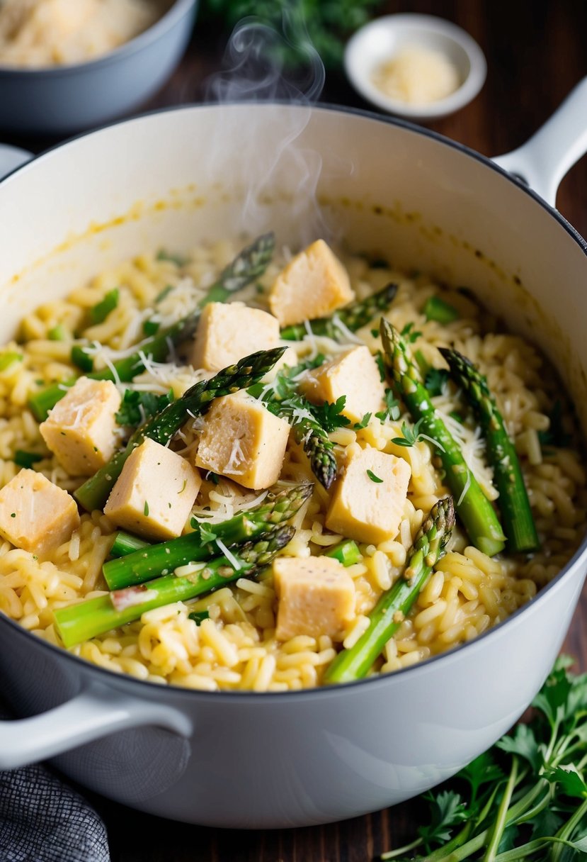 A steaming pot of creamy risotto with chunks of Quorn and tender asparagus, surrounded by fresh herbs and a sprinkle of parmesan