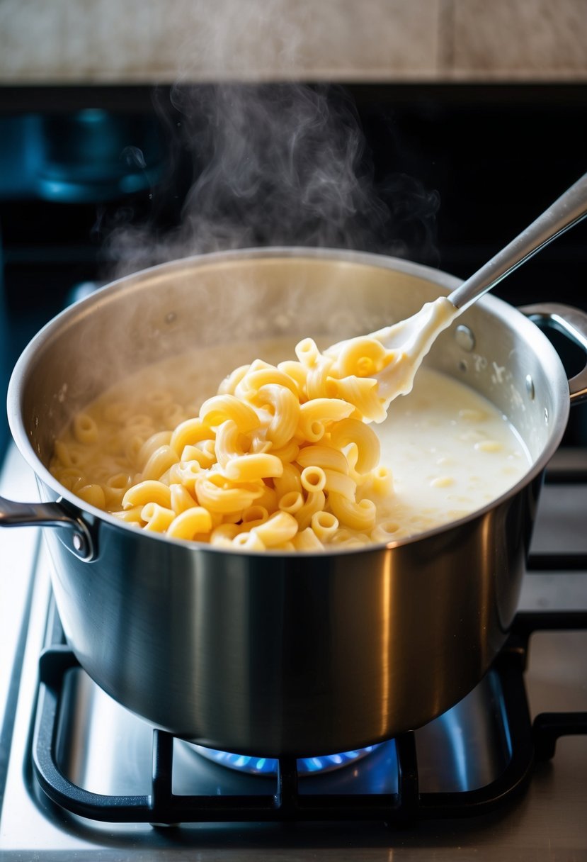 A pot of boiling water with macaroni noodles being stirred in a creamy sauce on a stovetop