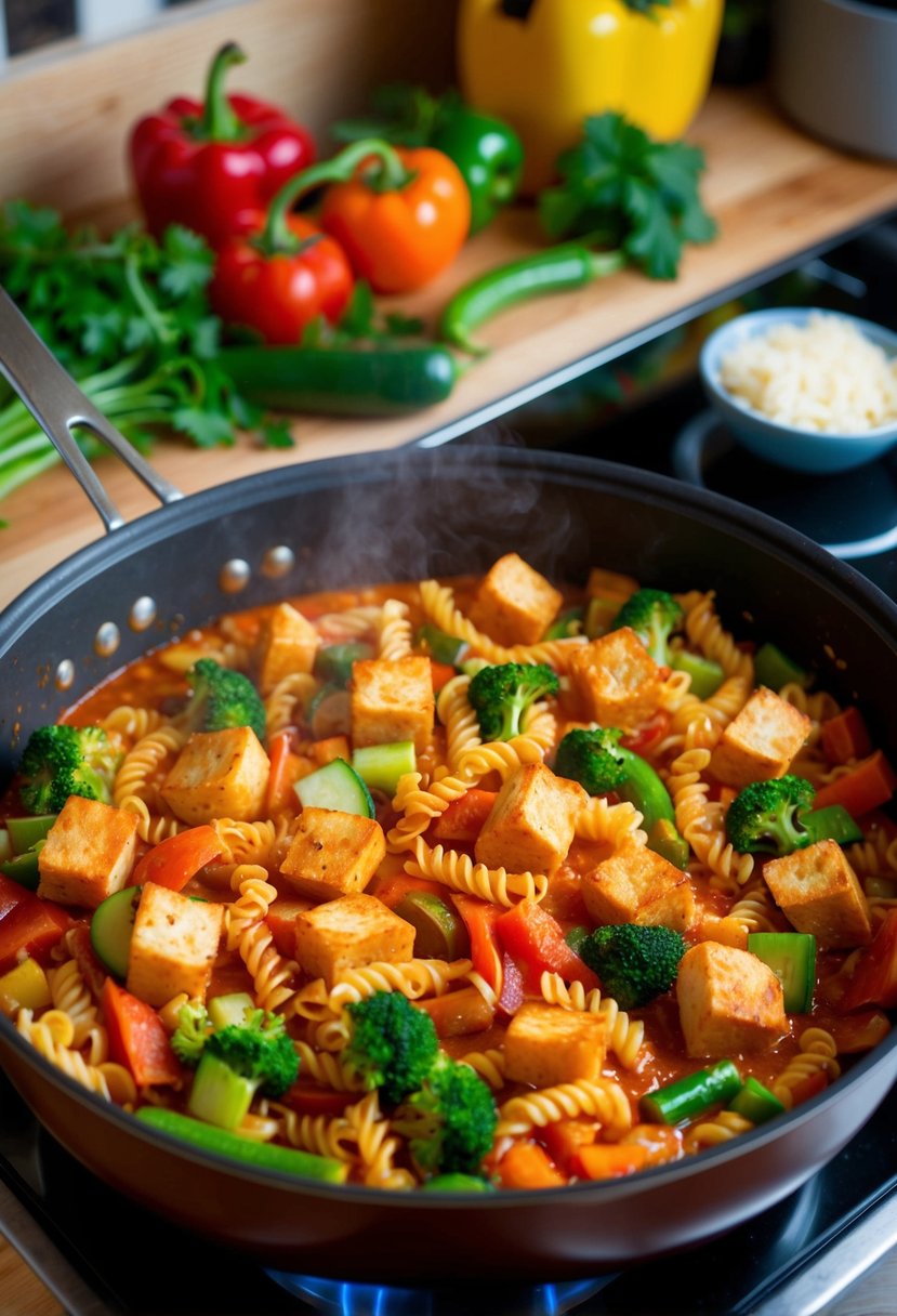 A colorful array of fresh vegetables, Quorn pieces, and pasta simmering in a sizzling fajita sauce in a large pot on a stovetop