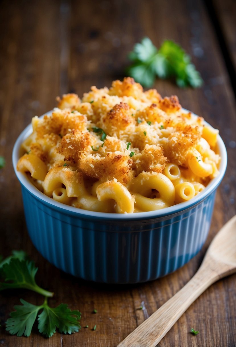 A bubbling dish of macaroni and cheese topped with golden-brown panko-parmesan crust