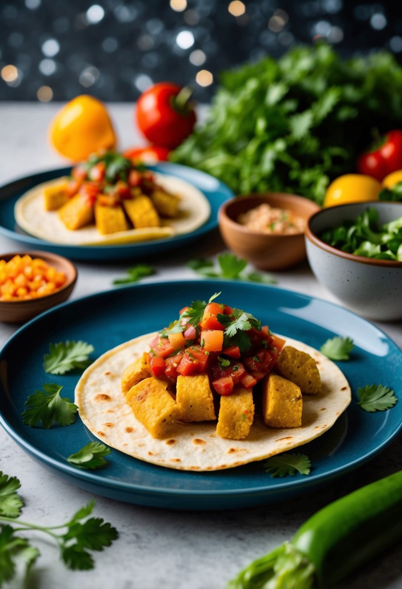 A plate of Quorn tacos topped with salsa, surrounded by colorful vegetables and herbs