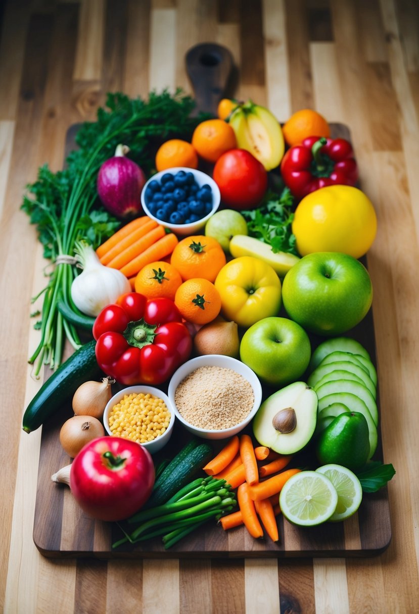 A colorful array of fresh fruits, vegetables, and grains arranged on a wooden cutting board