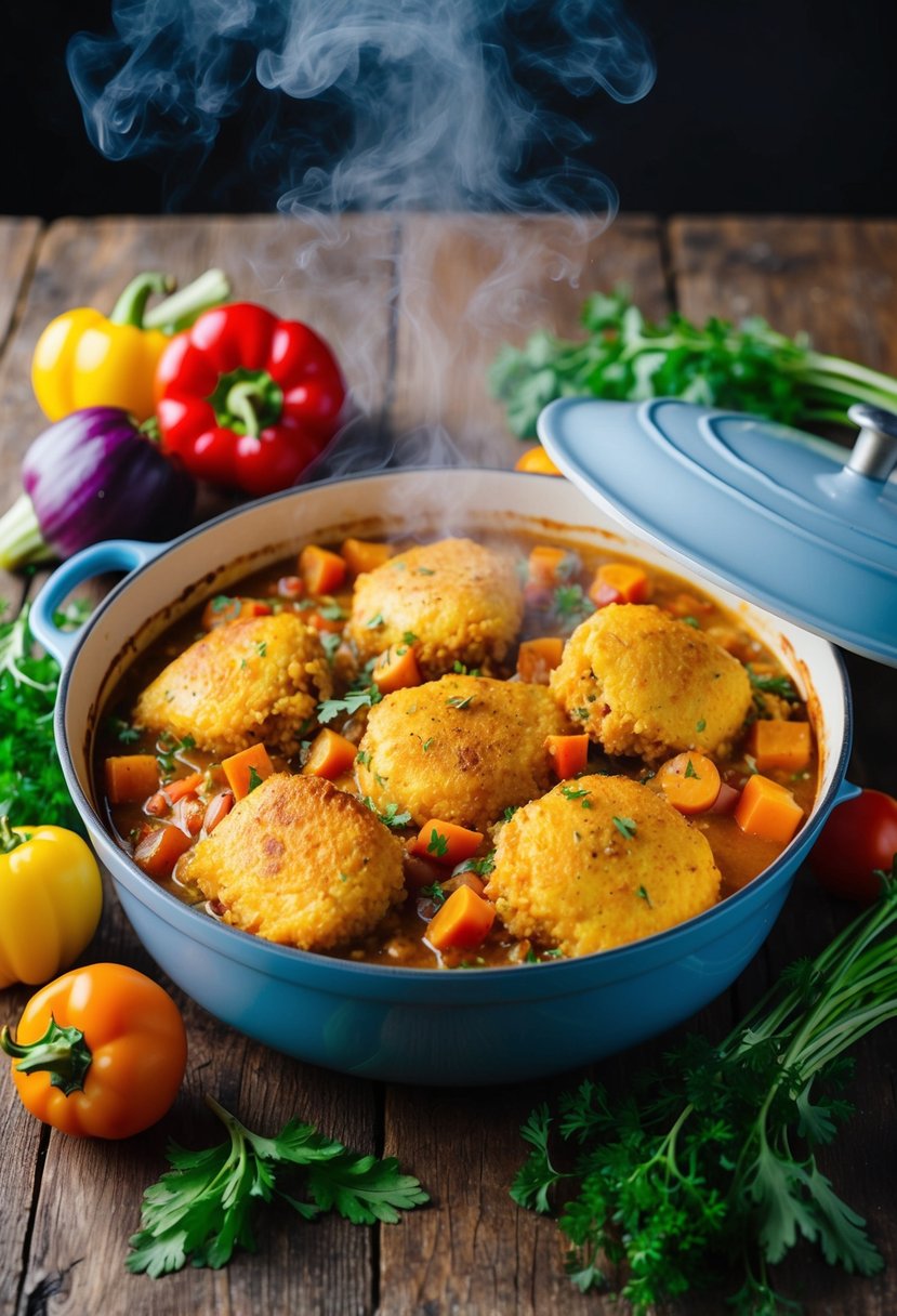 A steaming casserole dish filled with savory Quorn, surrounded by colorful vegetables and fresh herbs on a rustic wooden table