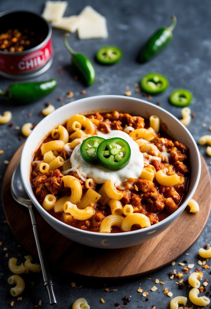 A steaming bowl of chili mac with spicy jalapenos and melted cheese, surrounded by scattered macaroni and chili flakes