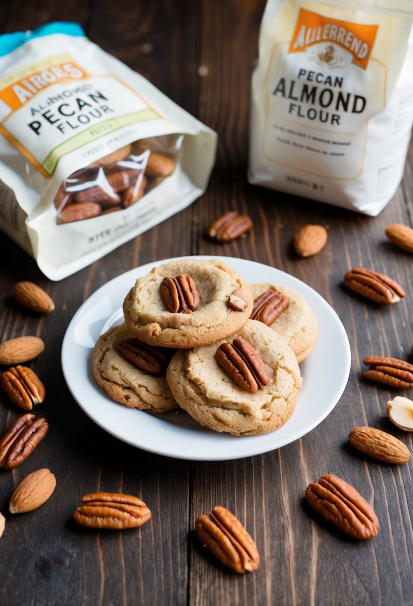 A wooden table with a plate of almond flour pecan cookies surrounded by ingredients like almonds, pecans, and a bag of almond flour