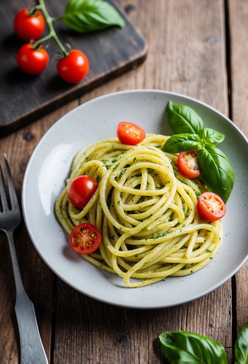 A plate of Quorn Pesto Pasta with fresh basil and cherry tomatoes on a rustic wooden table