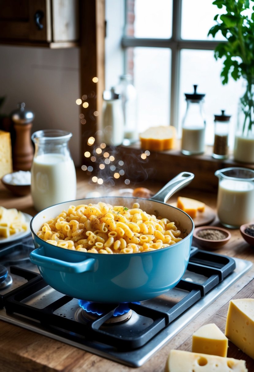 A rustic kitchen with a bubbling pot of macaroni on the stove, surrounded by various cheeses, milk, and spices on the counter