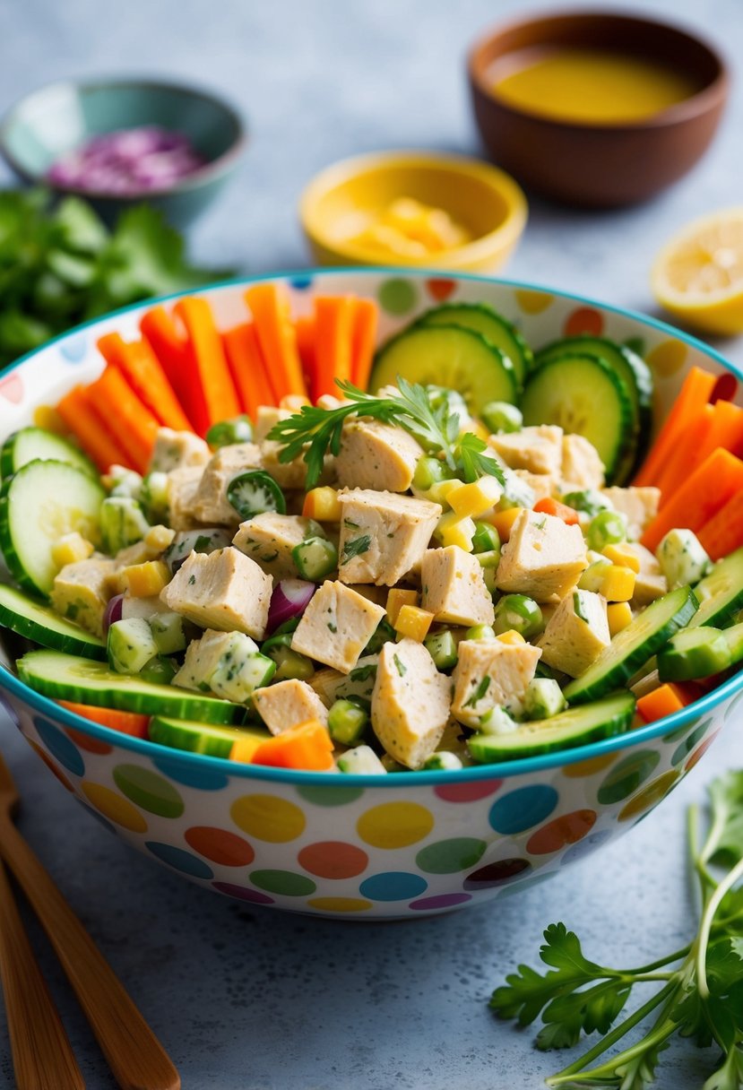 A colorful bowl filled with Quorn chicken salad surrounded by fresh vegetables and a light vinaigrette dressing