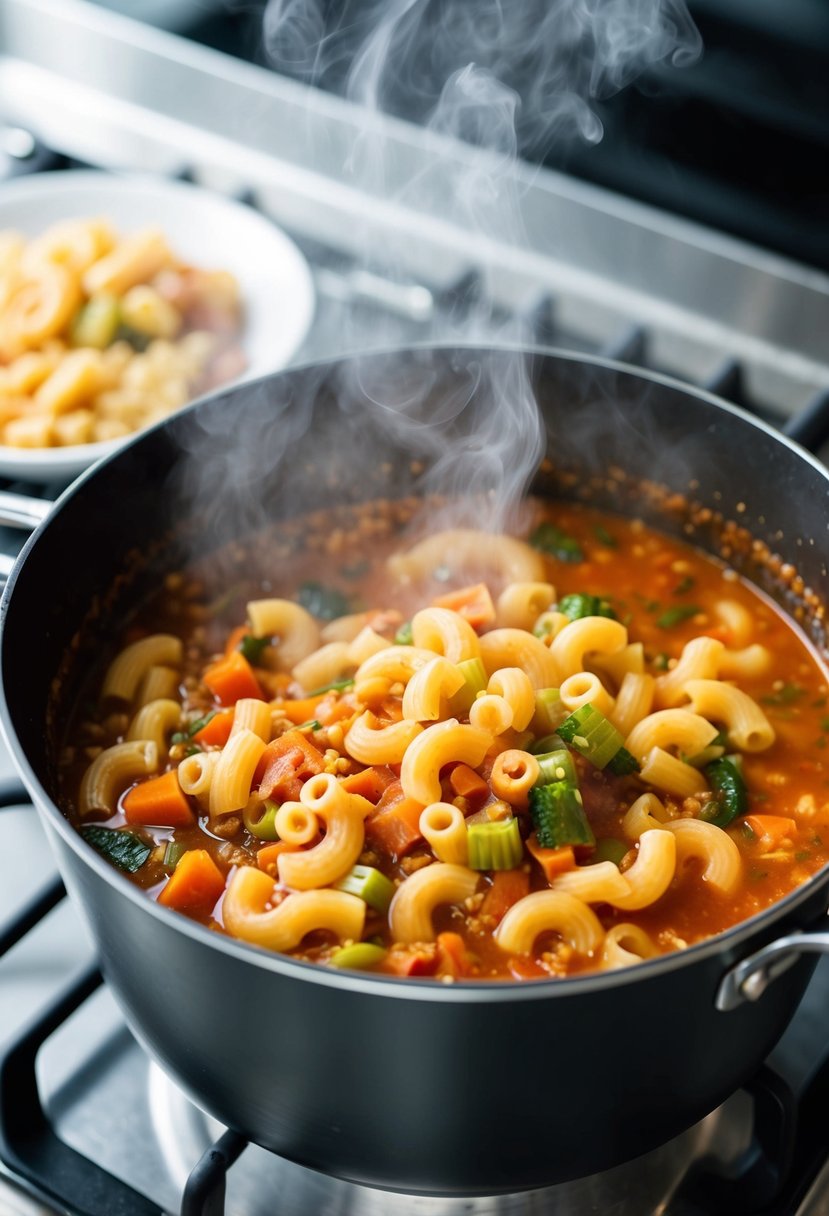 A pot of macaroni fagioli soup simmers on a stovetop, steam rising as vegetables and pasta float in a rich broth