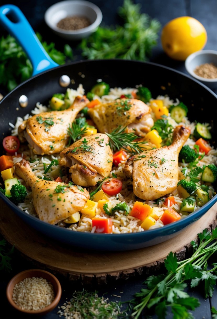 A colorful skillet filled with Greek chicken, rice, and assorted vegetables, surrounded by fresh herbs and spices