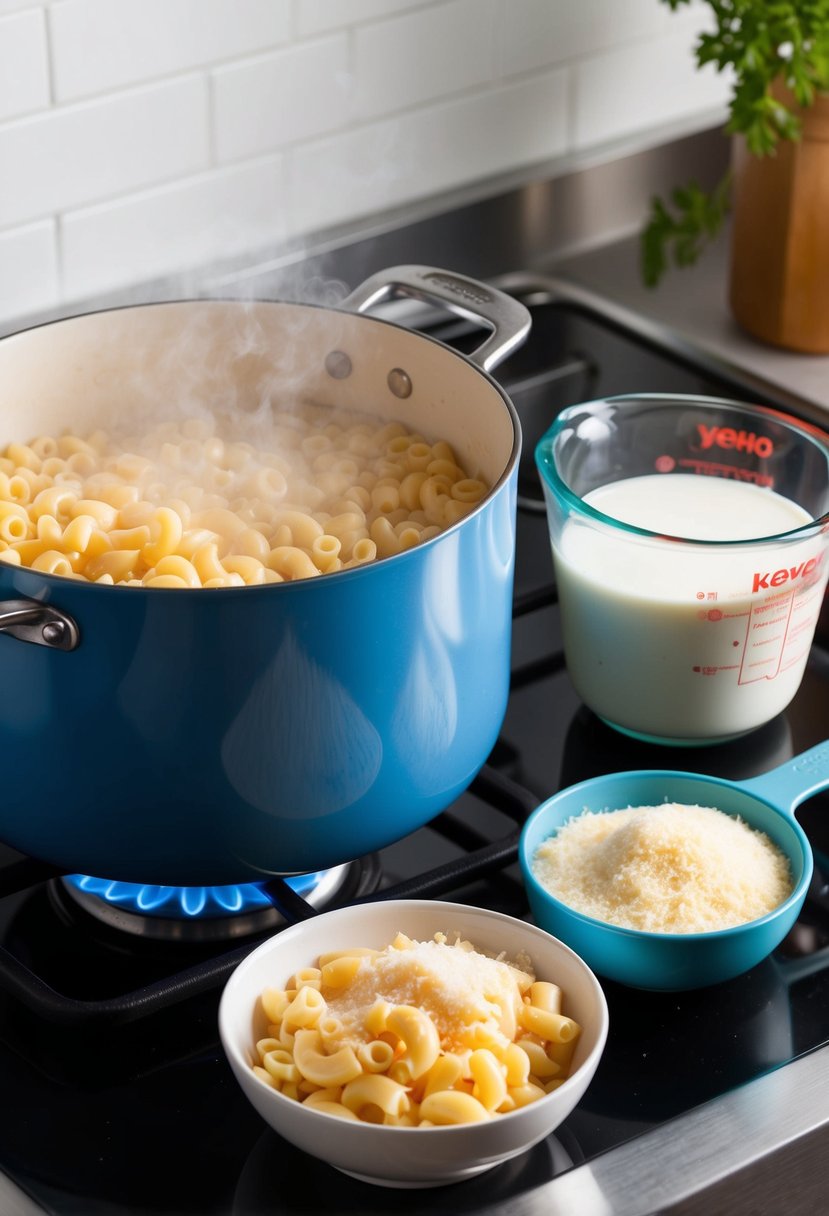 A pot of boiling macaroni on the stove, a bowl of grated cheese, and a measuring cup of milk on the counter