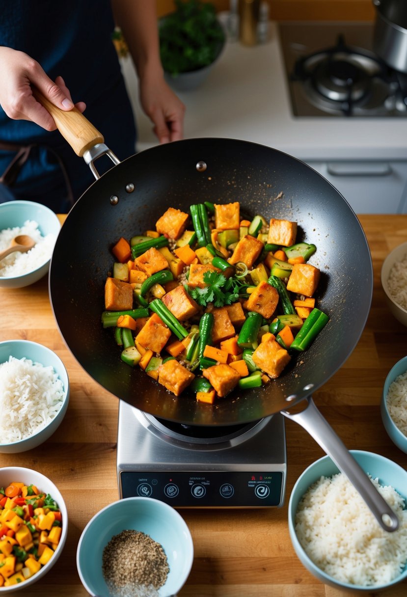 A sizzling wok filled with colorful vegetables and Quorn pieces, surrounded by bowls of rice and various seasonings on a kitchen counter