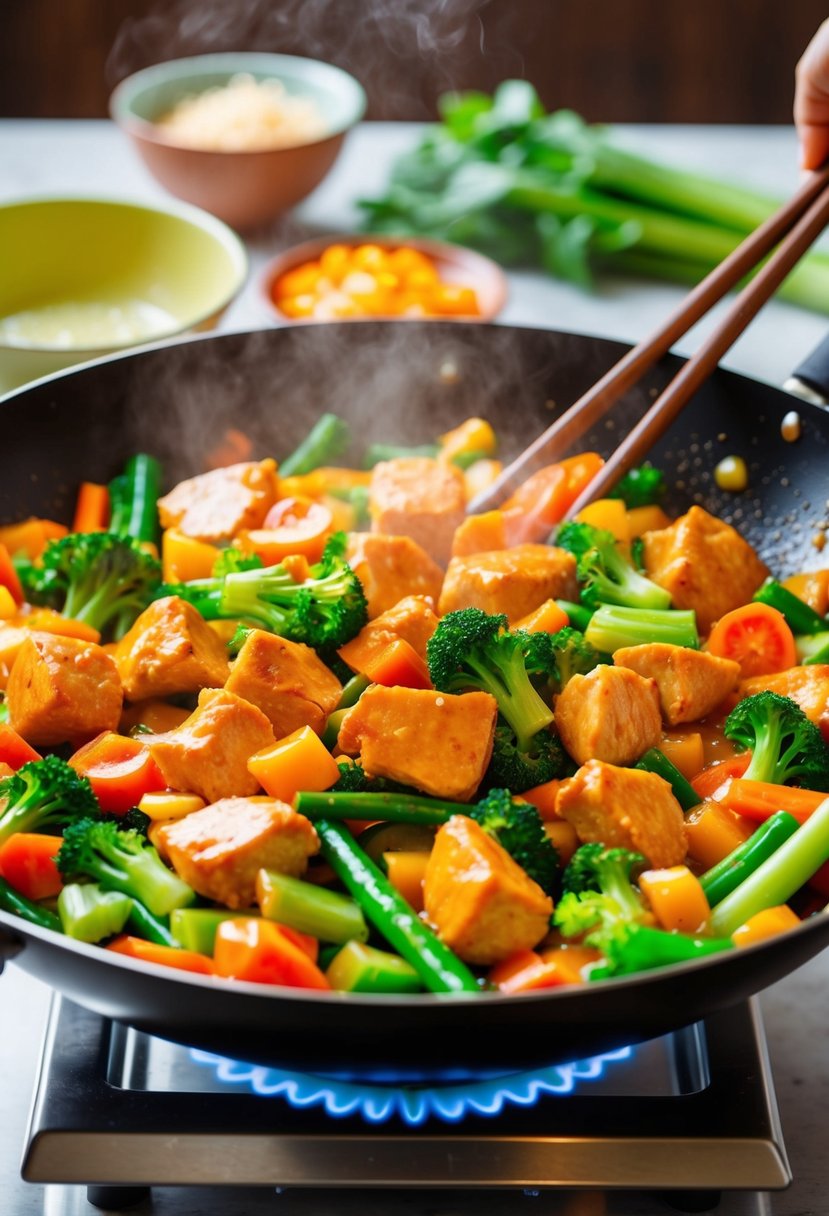 A colorful array of fresh vegetables and juicy chunks of chicken stir-frying in a sweet and tangy sauce in a sizzling wok