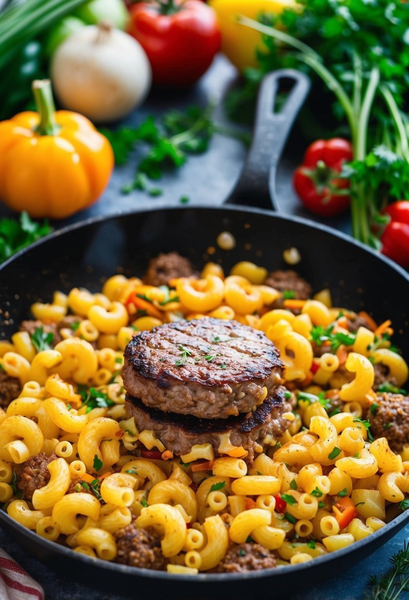 A sizzling skillet filled with golden-brown hamburger and macaroni, surrounded by colorful vegetables and herbs