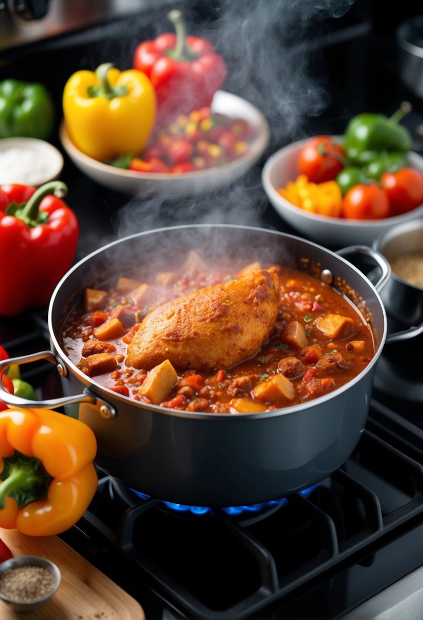 A steaming pot of Spicy Quorn Chili simmering on a stovetop, surrounded by colorful ingredients like bell peppers, tomatoes, and spices