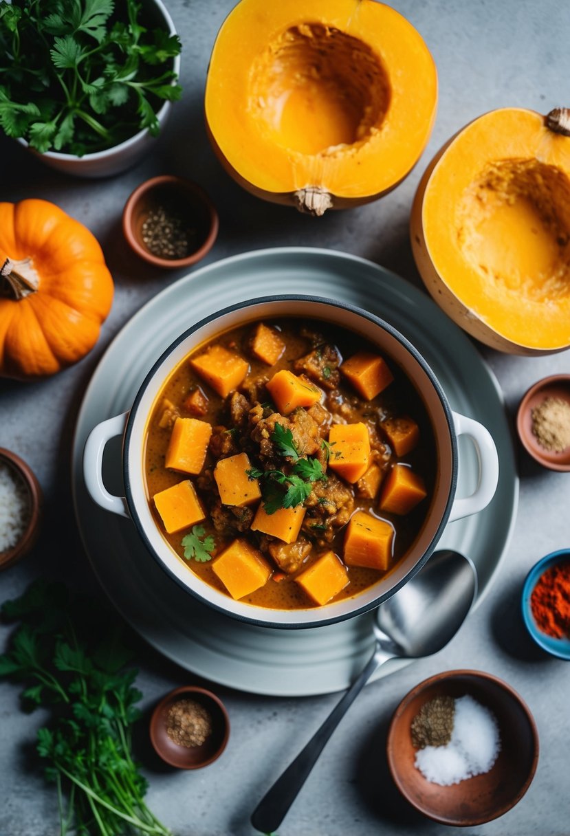 A steaming pot of butternut squash curry surrounded by colorful spices and fresh herbs