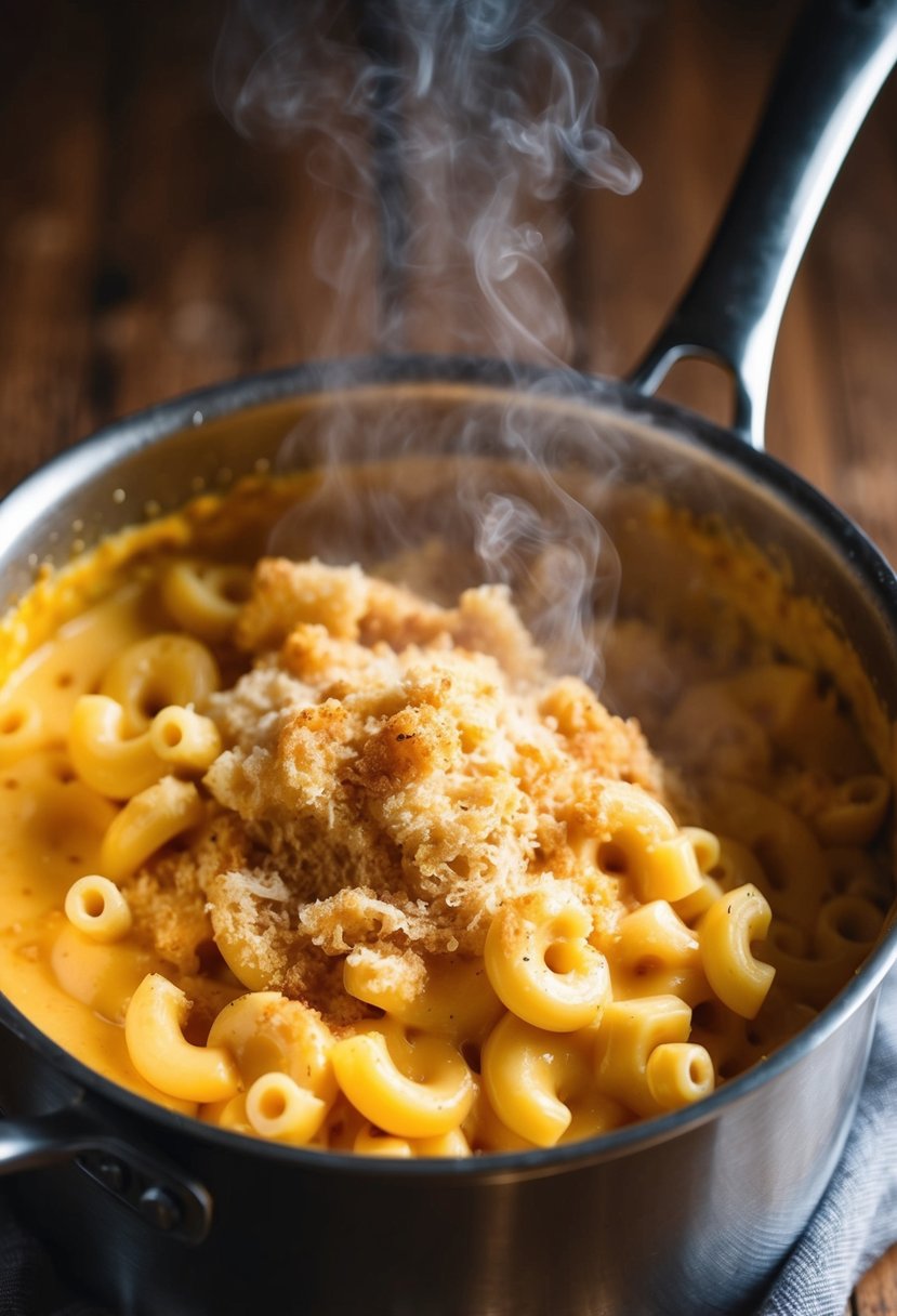 A steaming pot of macaroni bubbling in a rich, creamy cheddar cheese sauce, with a sprinkle of breadcrumbs on top