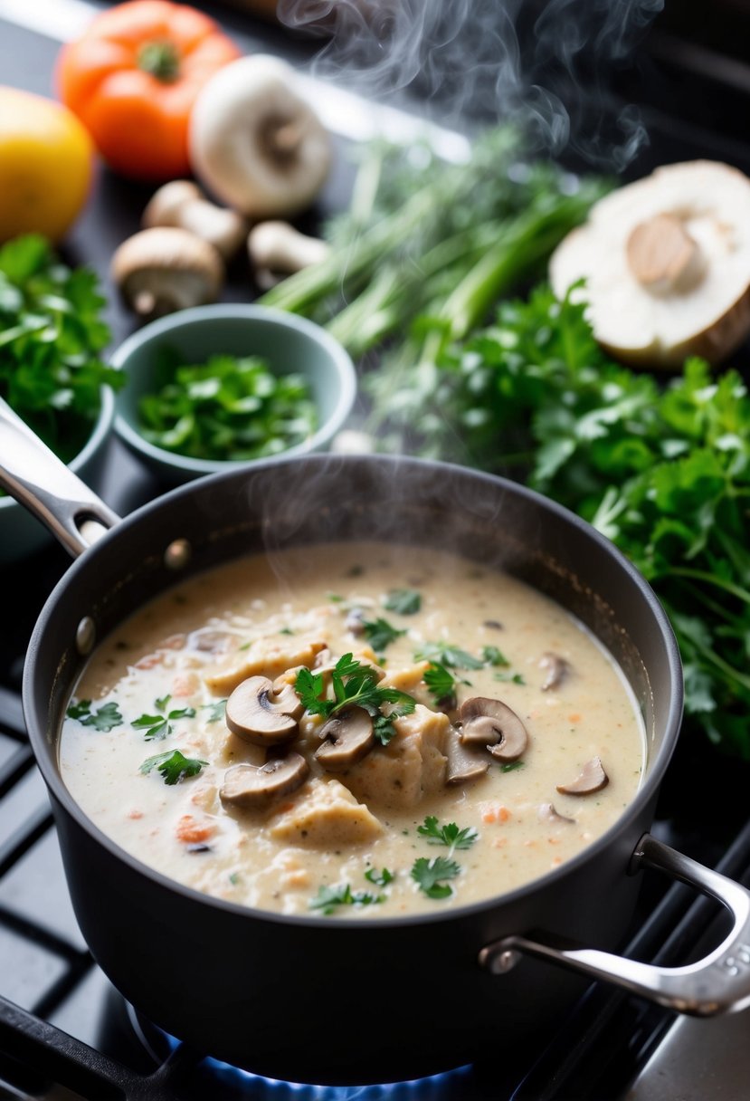 A steaming pot of creamy Quorn and mushroom soup simmers on the stove, surrounded by fresh herbs and vegetables