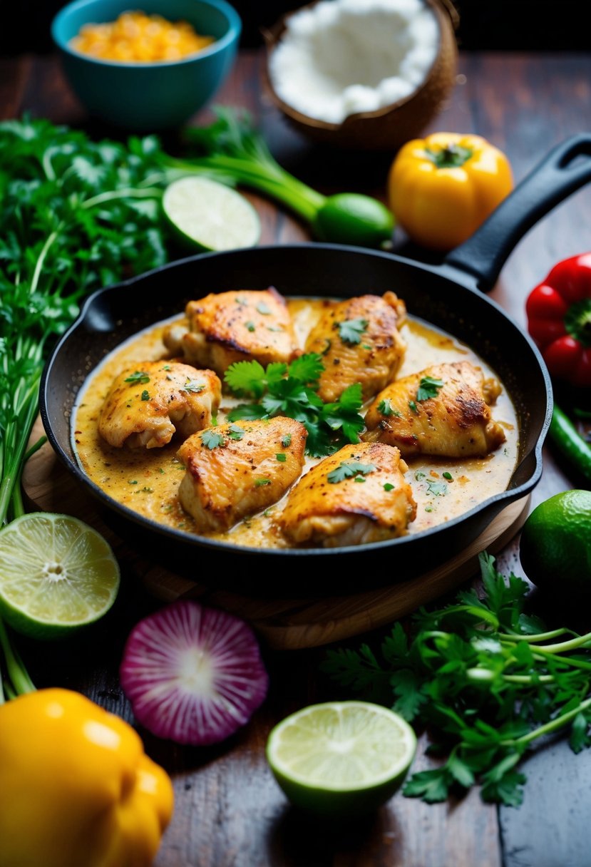 A sizzling skillet with coconut lime chicken, surrounded by colorful vegetables and herbs