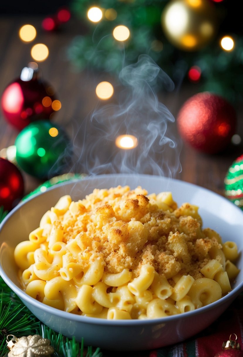 A steaming dish of creamy mac and cheese topped with golden breadcrumbs, surrounded by festive holiday decorations