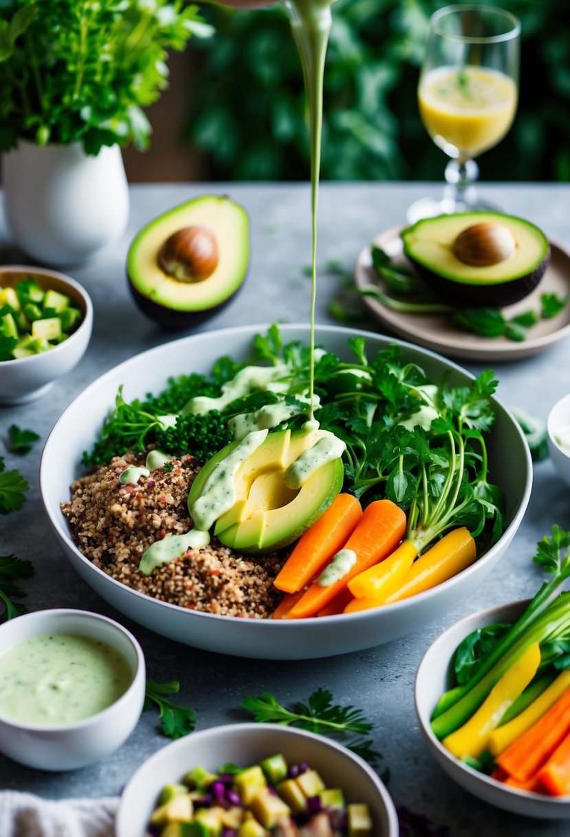 A table set with vibrant vegetables, quinoa, and avocado, surrounded by fresh herbs and a drizzle of green goddess dressing