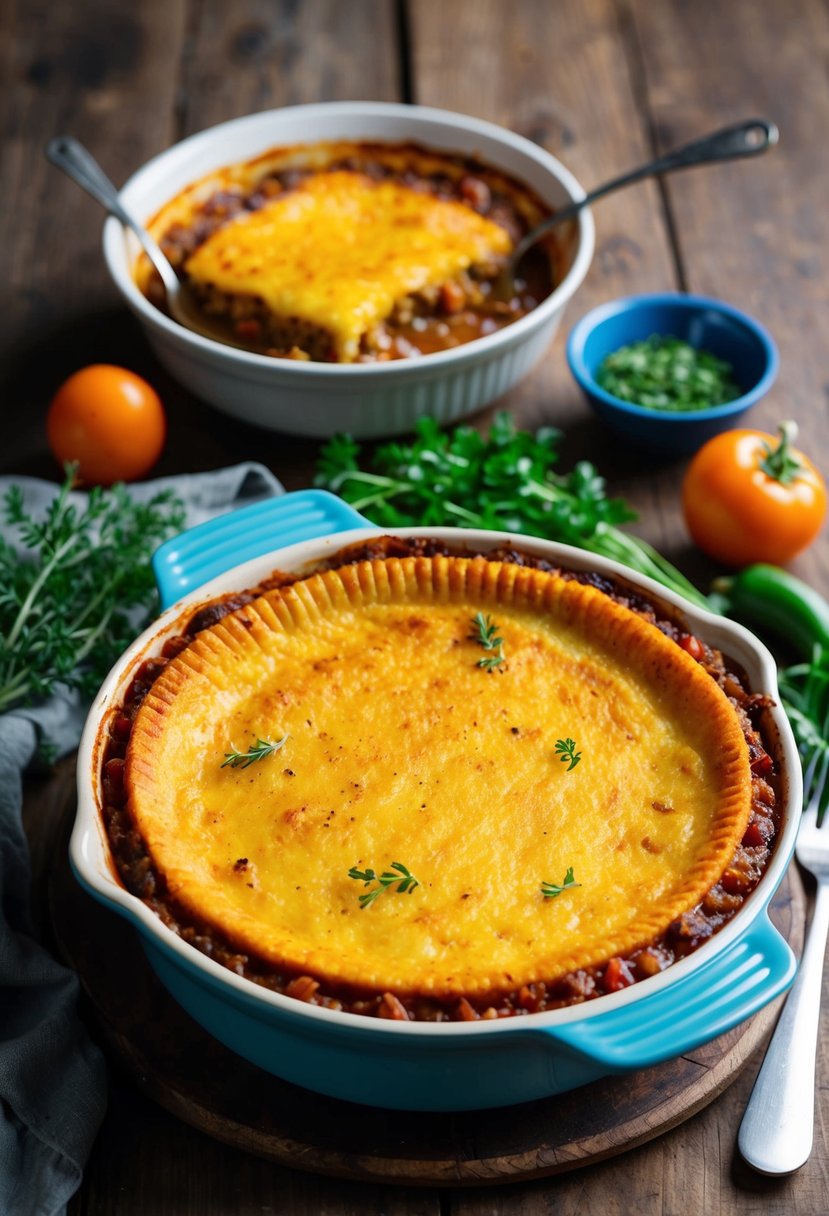 A bubbling dish of Quorn Shepherd's Pie surrounded by fresh herbs and vegetables on a rustic wooden table