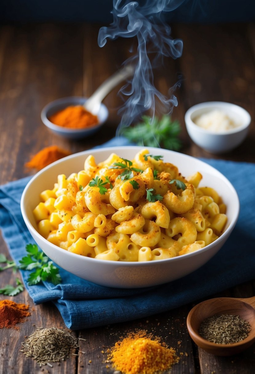 A steaming bowl of Cajun Spiced Mac and Cheese surrounded by scattered spices and herbs