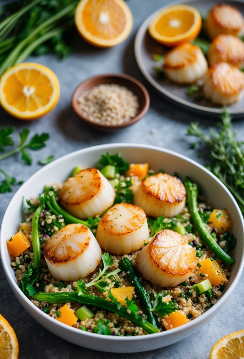 Golden seared scallops on a bed of vibrant green vegetables and colorful quinoa, surrounded by fresh herbs and citrus slices