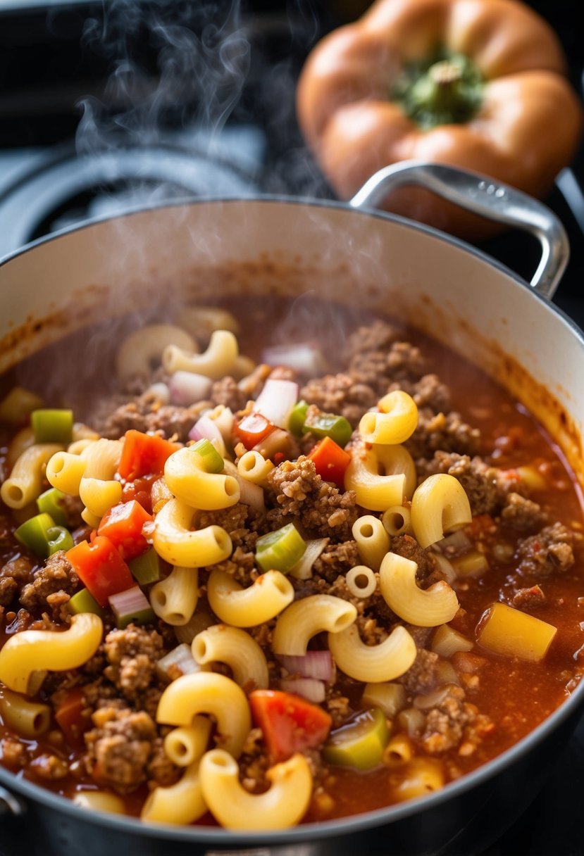 A steaming pot of goulash simmers on the stove, filled with tender macaroni, ground beef, and rich tomato sauce. Chopped onions and bell peppers add color and flavor to the hearty dish