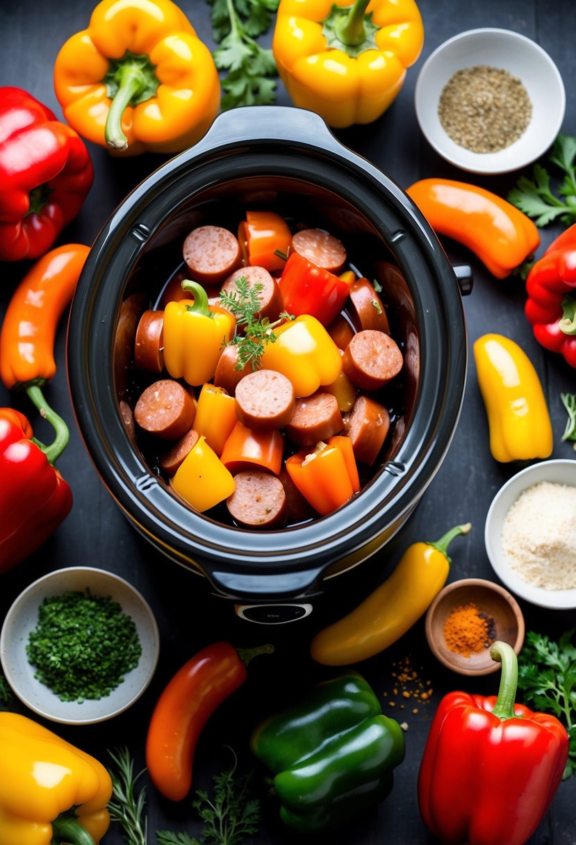 A slow cooker surrounded by colorful bell peppers and sausages, with fresh herbs and spices scattered around