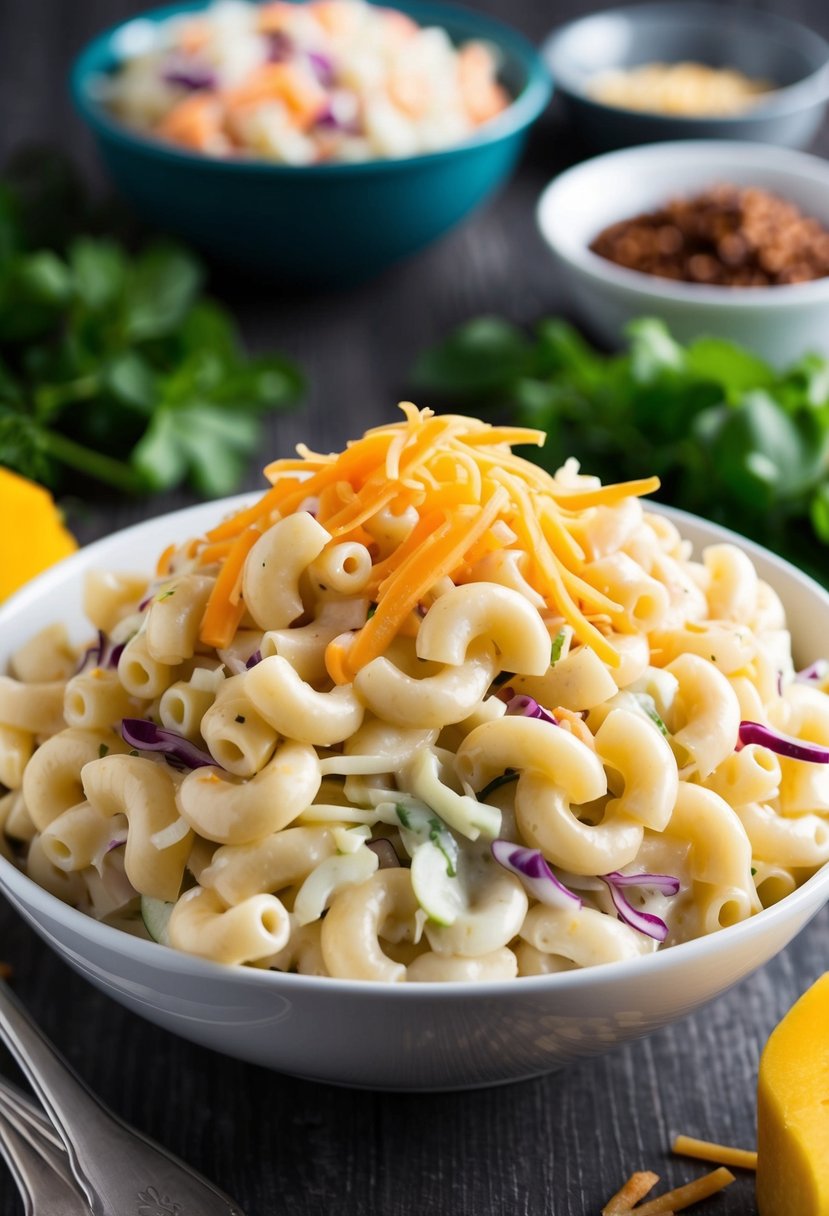 A bowl of creamy macaroni coleslaw topped with shredded cheese and surrounded by fresh ingredients