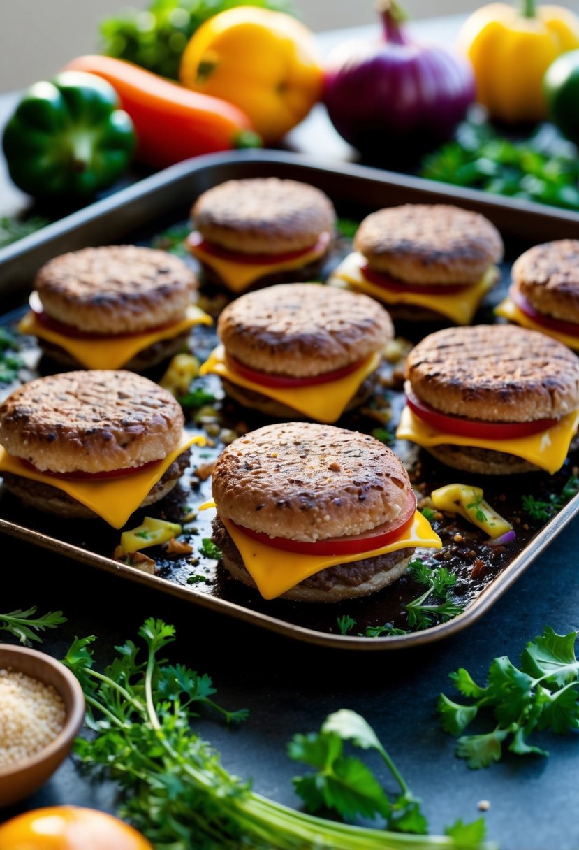 A tray of juicy gluten-free hamburgers sizzling in the oven, surrounded by colorful vegetables and herbs