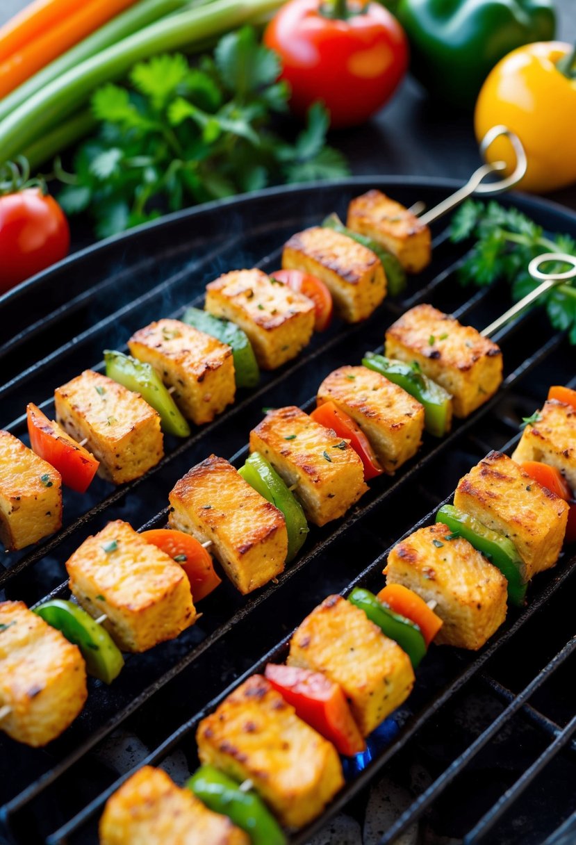 A sizzling grill with skewers of marinated Quorn pieces, surrounded by colorful vegetables and herbs