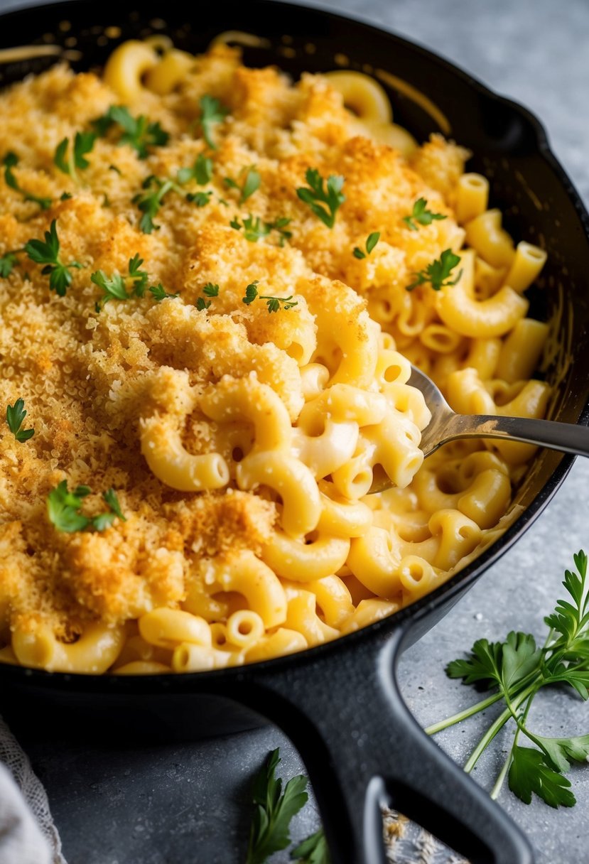 A bubbling skillet of creamy macaroni and cheese, topped with golden breadcrumbs and fresh herbs