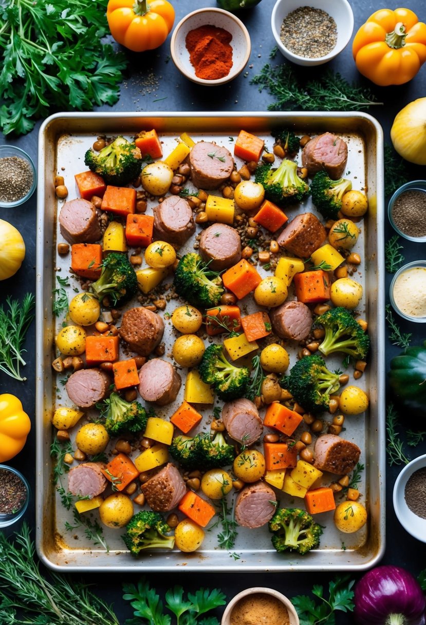 A colorful array of roasted vegetables and seasoned meats spread across a sheet pan, surrounded by fresh herbs and spices