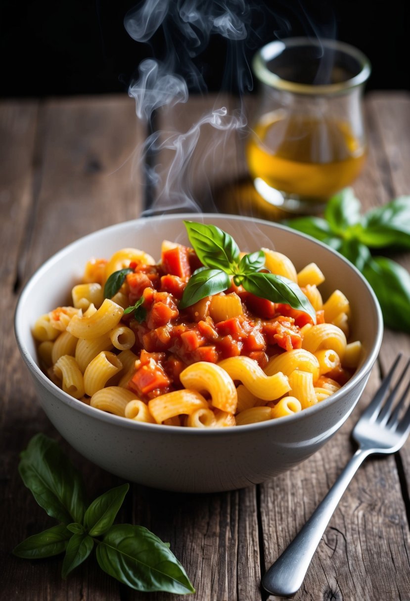 A steaming bowl of macaroni with tomato and basil sauce, garnished with fresh basil leaves, sits on a rustic wooden table