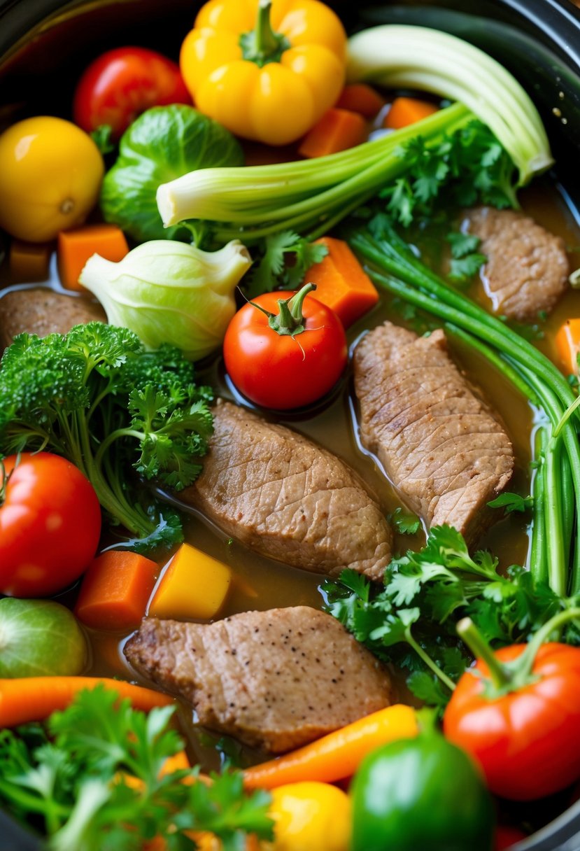 A colorful array of fresh vegetables and lean meats simmering in a crock pot, emitting a savory aroma