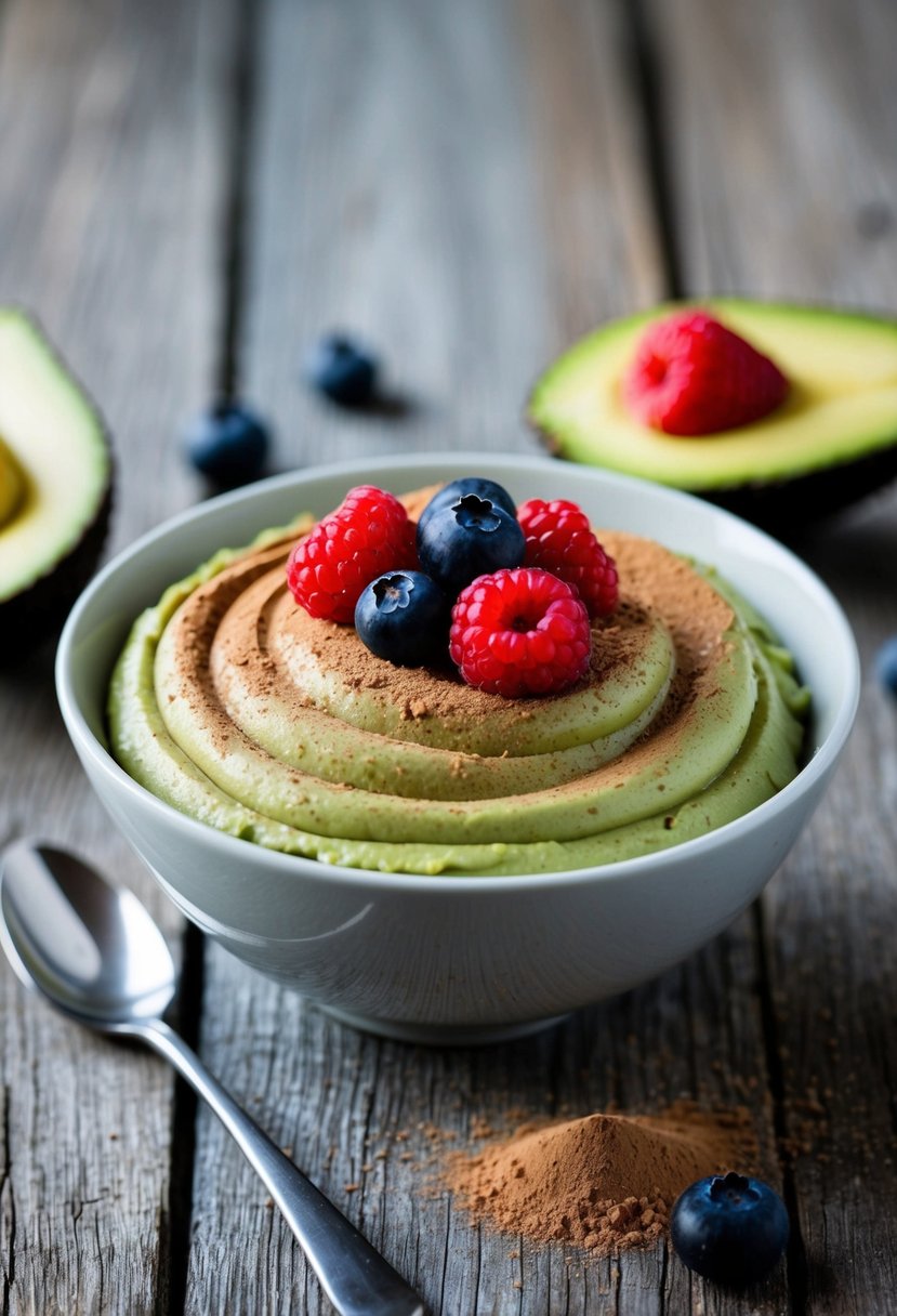 A bowl of rich, creamy chocolate avocado mousse topped with fresh berries and a sprinkle of cocoa powder sits on a rustic wooden table