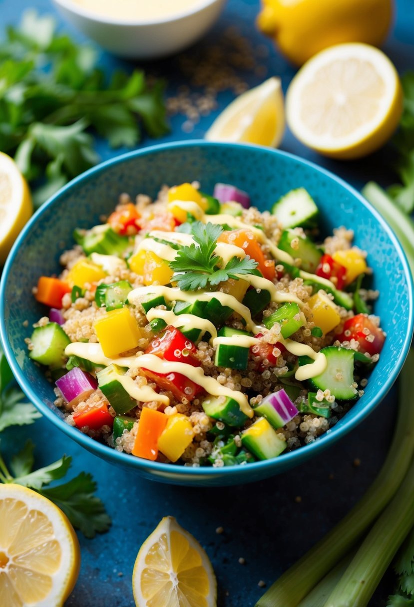 A colorful bowl of quinoa salad with fresh vegetables and a drizzle of lemon vinaigrette, surrounded by vibrant ingredients